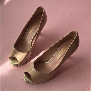 Glossy Nude Peep-Toe Heels by